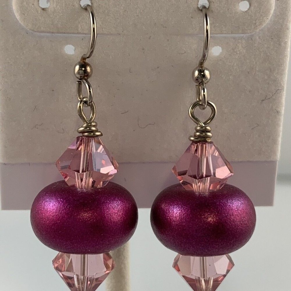 Silver Plated Pierced French Wire Dangle Earrings With Dark Pink Beads (N3)